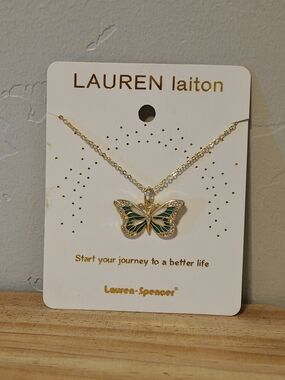 Gold Butterfly Pendant Necklace with Green Enamel